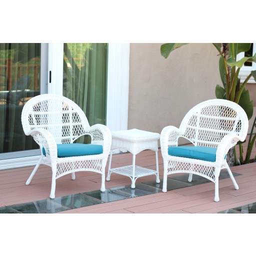 3pc Santa Maria White Wicker Chair Set - Sky Blue Cushions