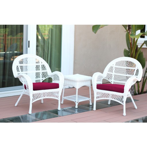 3pc Santa Maria White Wicker Chair Set - Red Cushions