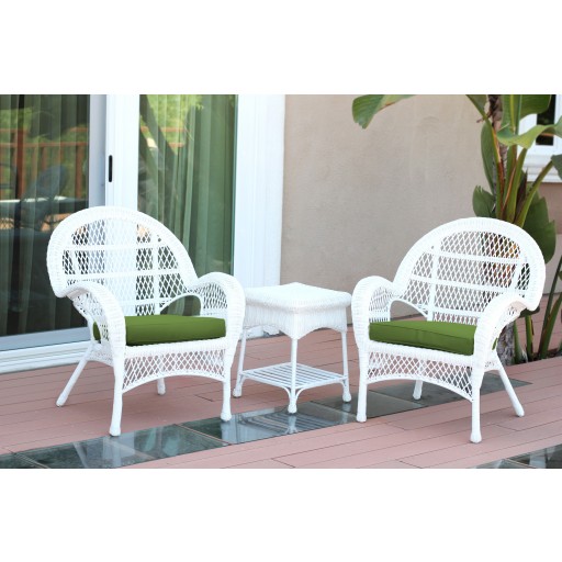 3pc Santa Maria White Wicker Chair Set - Hunter Green Cushions