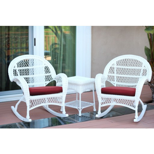 3pc Santa Maria White Rocker Wicker Chair Set - Red Cushions