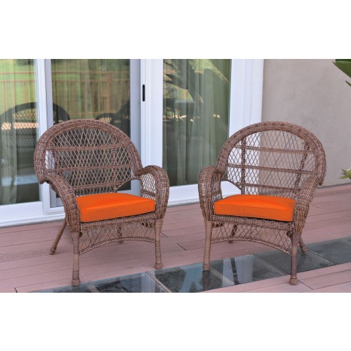 Santa Maria Honey Wicker Chair with Orange Cushions Set of 2