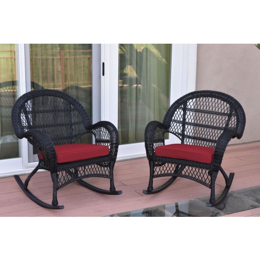 Santa Maria Black Wicker Rocker Chair with Red Cushion - Set of 2