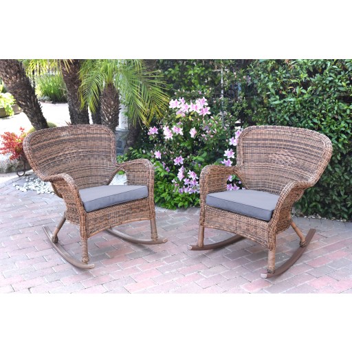 Set of 2 Windsor Honey Resin Wicker Rocker Chair with Steel Blue Cushions