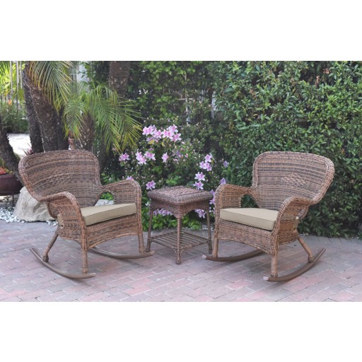 Windsor Honey Wicker Rocker Chair And End Table Set With Tan Chair Cushion