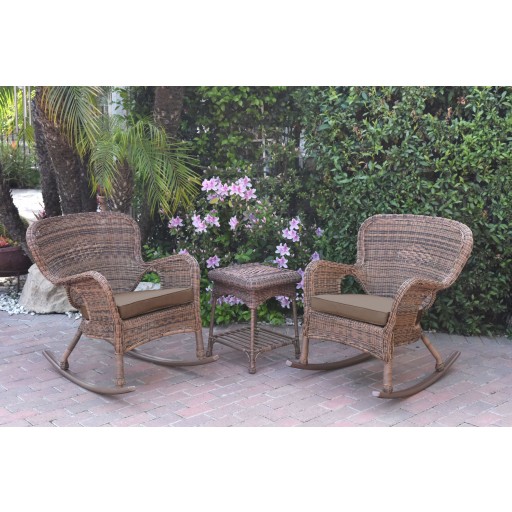 Windsor Honey Wicker Rocker Chair And End Table Set With Brown Chair Cushion