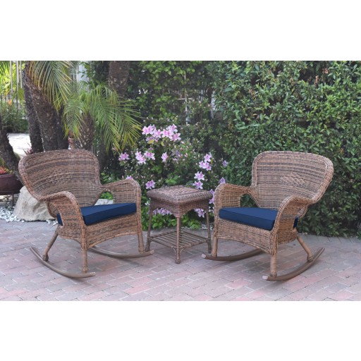 Windsor Honey Wicker Rocker Chair And End Table Set With Midnight Blue Chair Cushion