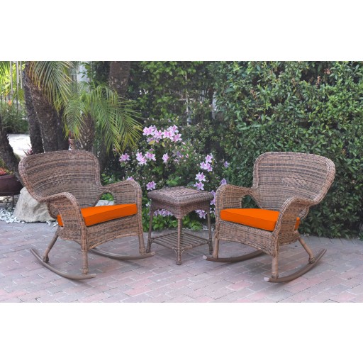 Windsor Honey Wicker Rocker Chair And End Table Set With Orange Chair Cushion
