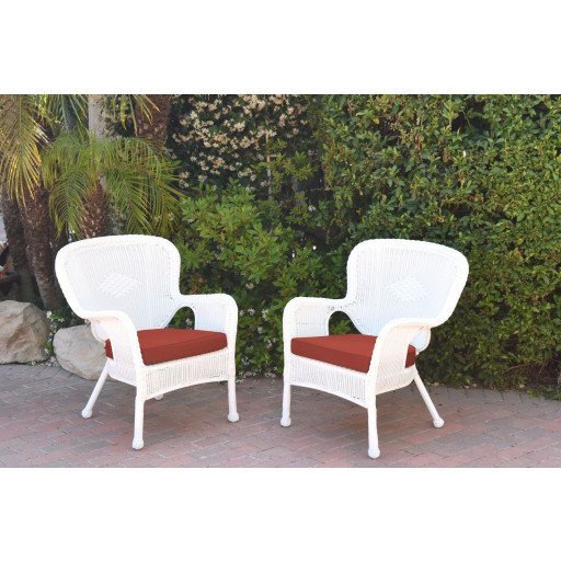 Set of 2 Windsor White Resin Wicker Chair with Brick Red Cushions