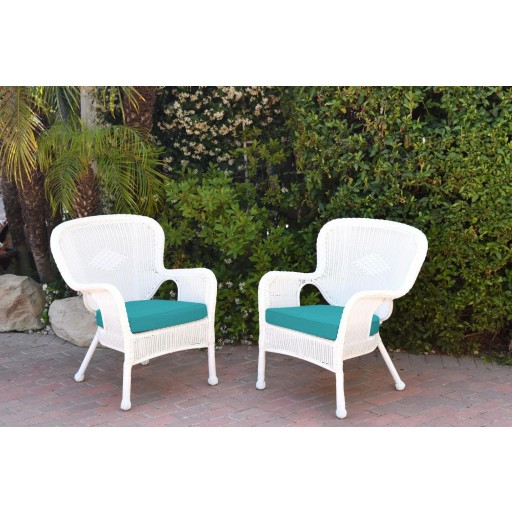 Set of 2 Windsor White Resin Wicker Chair with Turquoise Cushion