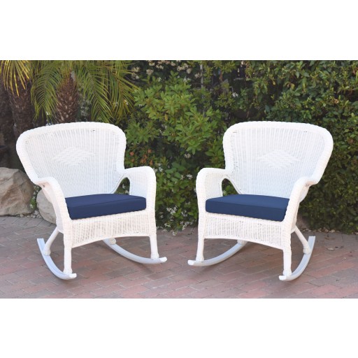 Set of 2 Windsor White Resin Wicker Rocker Chair with Midnight Blue Cushions
