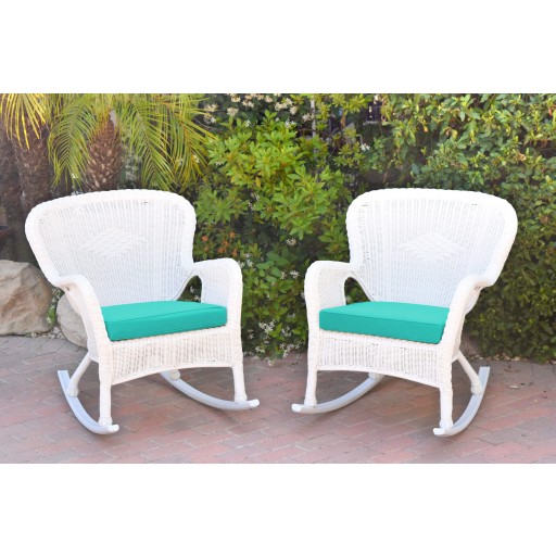 Set of 2 Windsor White Resin Wicker Rocker Chair with Turquoise Cushions