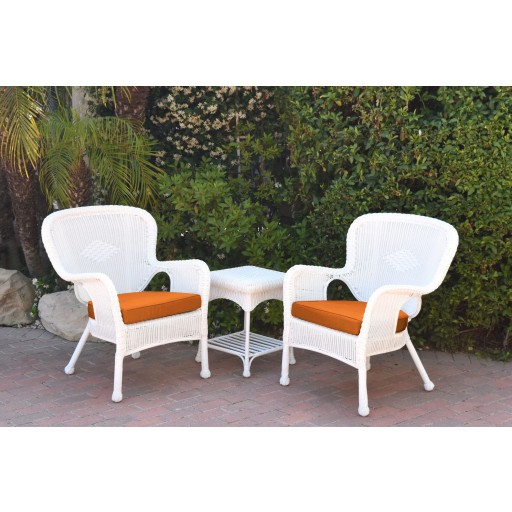 Windsor White Wicker Chair And End Table Set With Orange Chair Cushion
