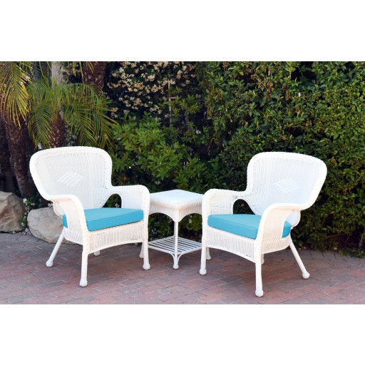 Windsor White Wicker Chair And End Table Set With Sky Blue Chair Cushion