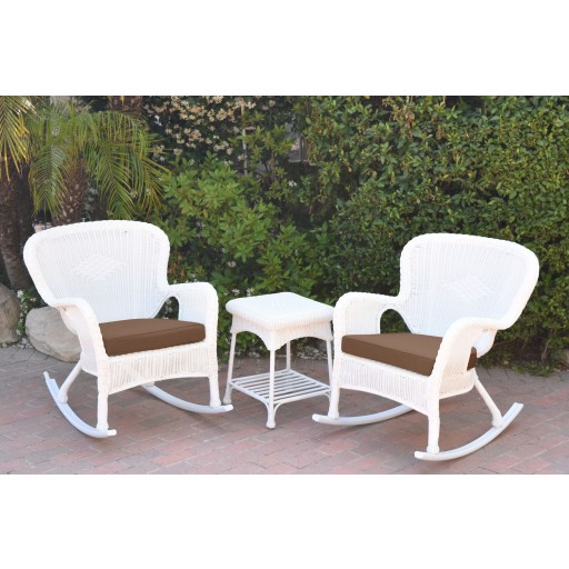 Windsor White Wicker Rocker Chair And End Table Set With Brown Chair Cushion
