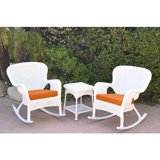 Windsor White Wicker Rocker Chair And End Table Set With Orange Chair Cushion