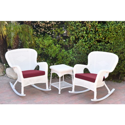 Windsor White Wicker Rocker Chair And End Table Set With Red Chair Cushion