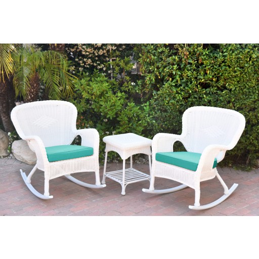 Windsor White Wicker Rocker Chair And End Table Set With Turquoise Chair Cushion