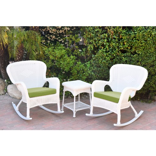 Windsor White Wicker Rocker Chair And End Table Set With Hunter Green Chair Cushion