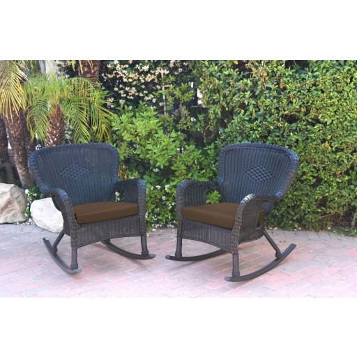 Set of 2 Windsor Black  Resin Wicker Rocker Chair with Brown Cushions