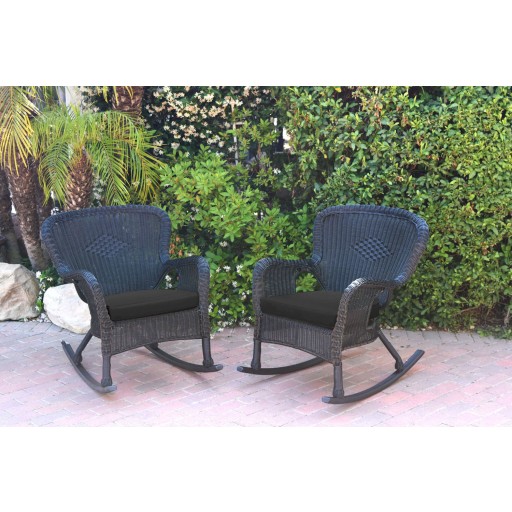 Set of 2 Windsor Black  Resin Wicker Rocker Chair with Black Cushions