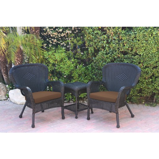 Windsor Black Wicker Chair And End Table Set With Brown Chair Cushion