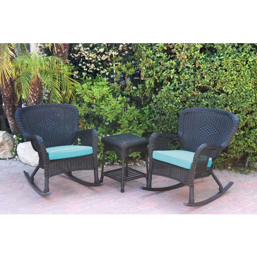 Windsor Black Wicker Rocker Chair And End Table Set With Sky Blue Chair Cushion