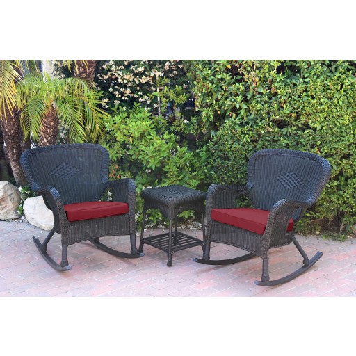 Windsor Black Wicker Rocker Chair And End Table Set With Red Chair Cushion