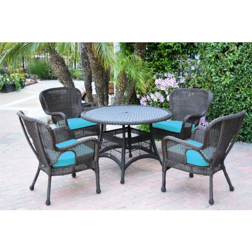 5pc Windsor Espresso Wicker Dining Set with Sky Blue Cushions