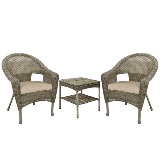 Set of 3 Grey Resin Wicker Clark Single Chair with 2 inch Tan Cushion and End Table