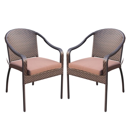 Set of 2 Cafe Curved Stacking Wicker Chairs - Brown Cushions