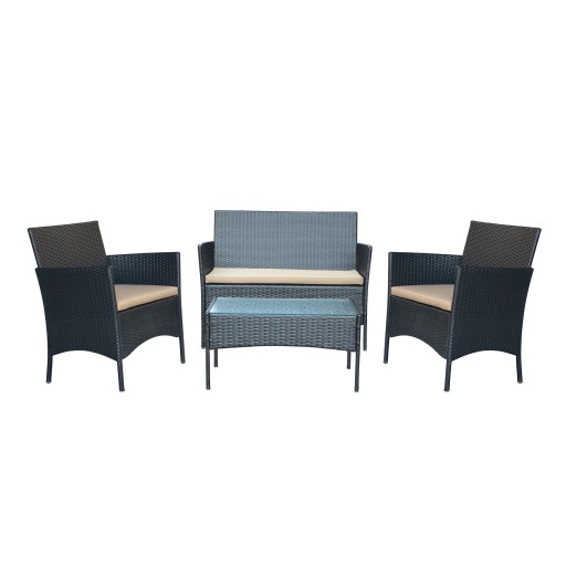 Aoife 4PC Steel Black Resin Wicker Patio Conversation Set with 2 Inch Tan cushion 