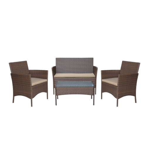 Conor 4PC Steel Esprsso Resin Wicker Patio Conversation Set with 2 Inch Tan cushion 