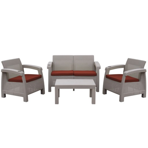 Pontus 4PC Grey Conversation Patio Set with Brick Red Cushion