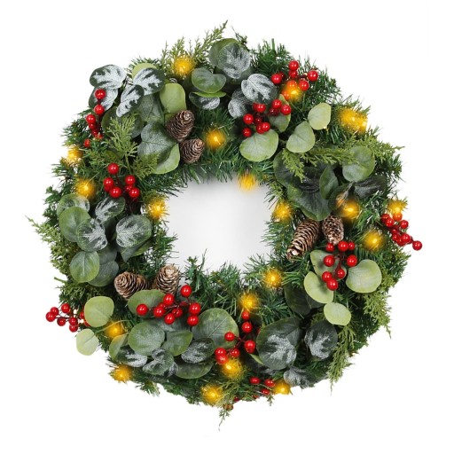 24 inch Eucalytpus Christmas Wreath with Red Berries and Lights