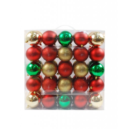 50Pk 75Mm Plastic Ornaments -Gold/Red/Green