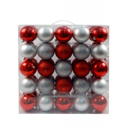 50Pk 75Mm Plastic Ornaments -Red/Silver