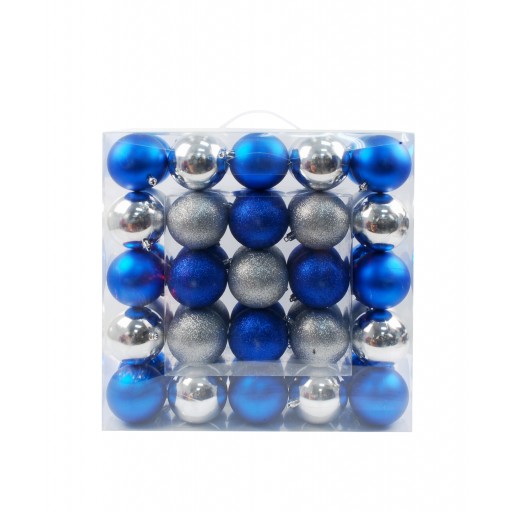 50Pk 75Mm Plastic Ornaments -Blue/Silver