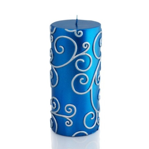 3 x 6 Inch Blue Scroll Pillar Candle (12pcs/Case) Bulk