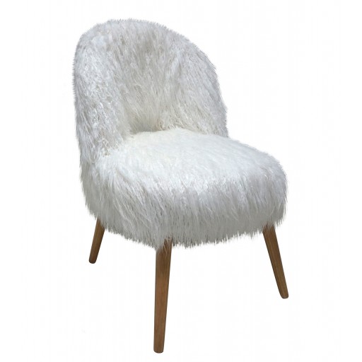 WHITE FAUX FUR CURLY BACK CHAIR W/NATURAL LEGS
