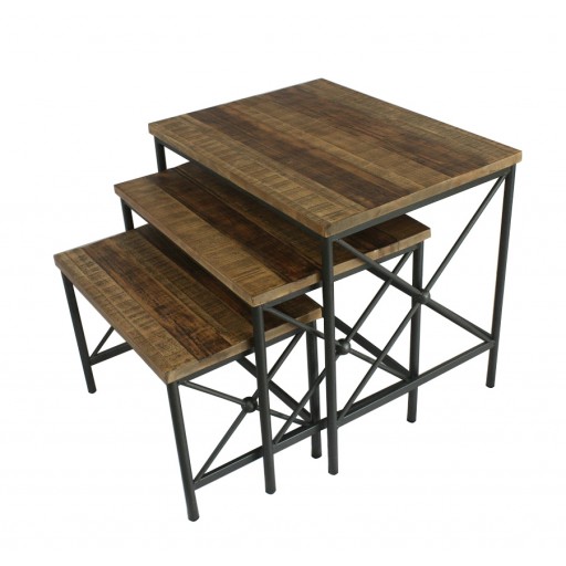Set of 3 Rectangle Wood and Metal  End Table