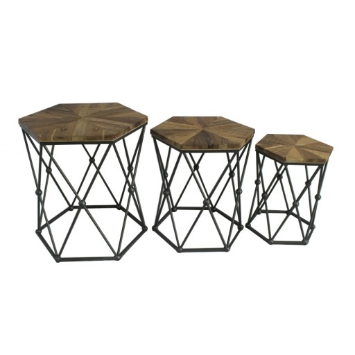 Set of 3 Hexagon Wood and Metal End Table