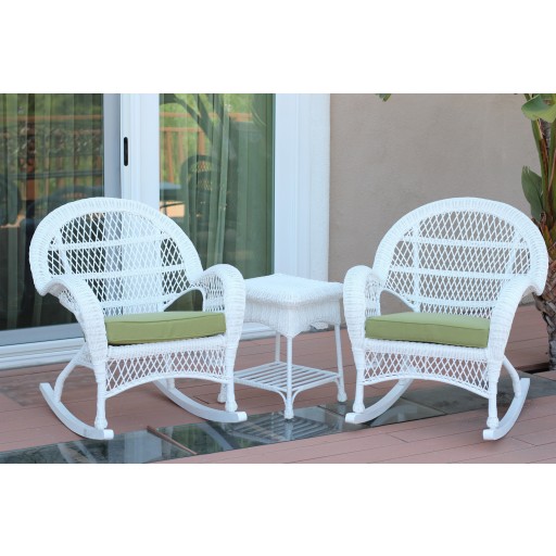 3pc Santa Maria White Rocker Wicker Chair Set - Sage Green Cushions