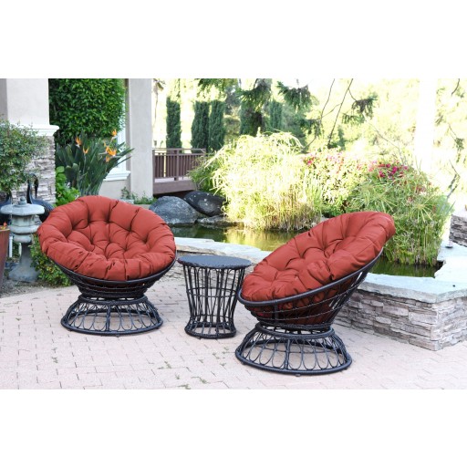 Papasan Espresso Wicker Swivel Chair and Table Set with Brick Red Cushions