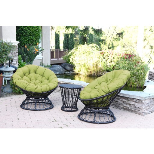 Papasan Espresso Wicker Swivel Chair and Table Set with Sage Green Cushions