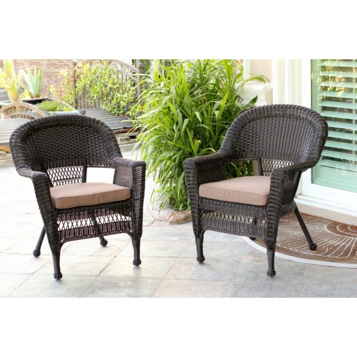 Espresso Wicker Chair With Brown Cushion - Set of 2