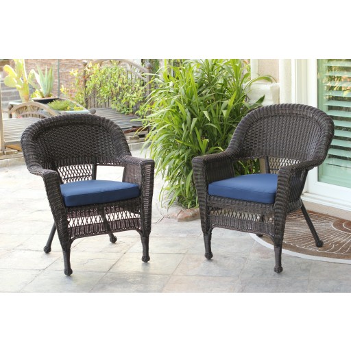 Espresso Wicker Chair With Midnight Blue Cushion - Set of 4