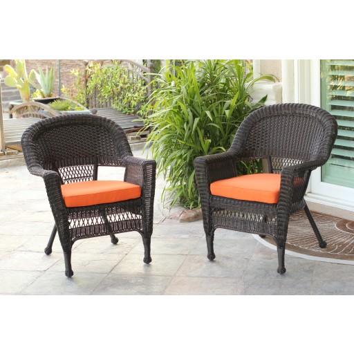 Espresso Wicker Chair With Orange Cushion - Set of 4