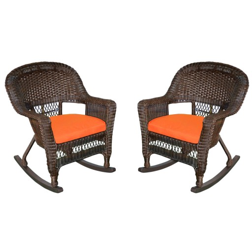 Espresso Rocker Wicker Chair with Orange Cushion -  Set of 2