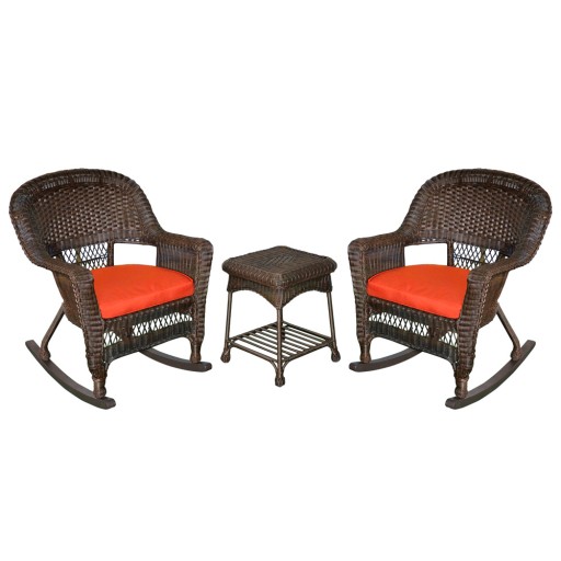 3pc Espresso Rocker Wicker Chair Set With Brick Red Cushion