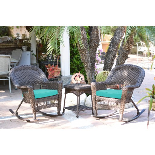 3pc Espresso Rocker Wicker Chair Set With Turquoise Cushion